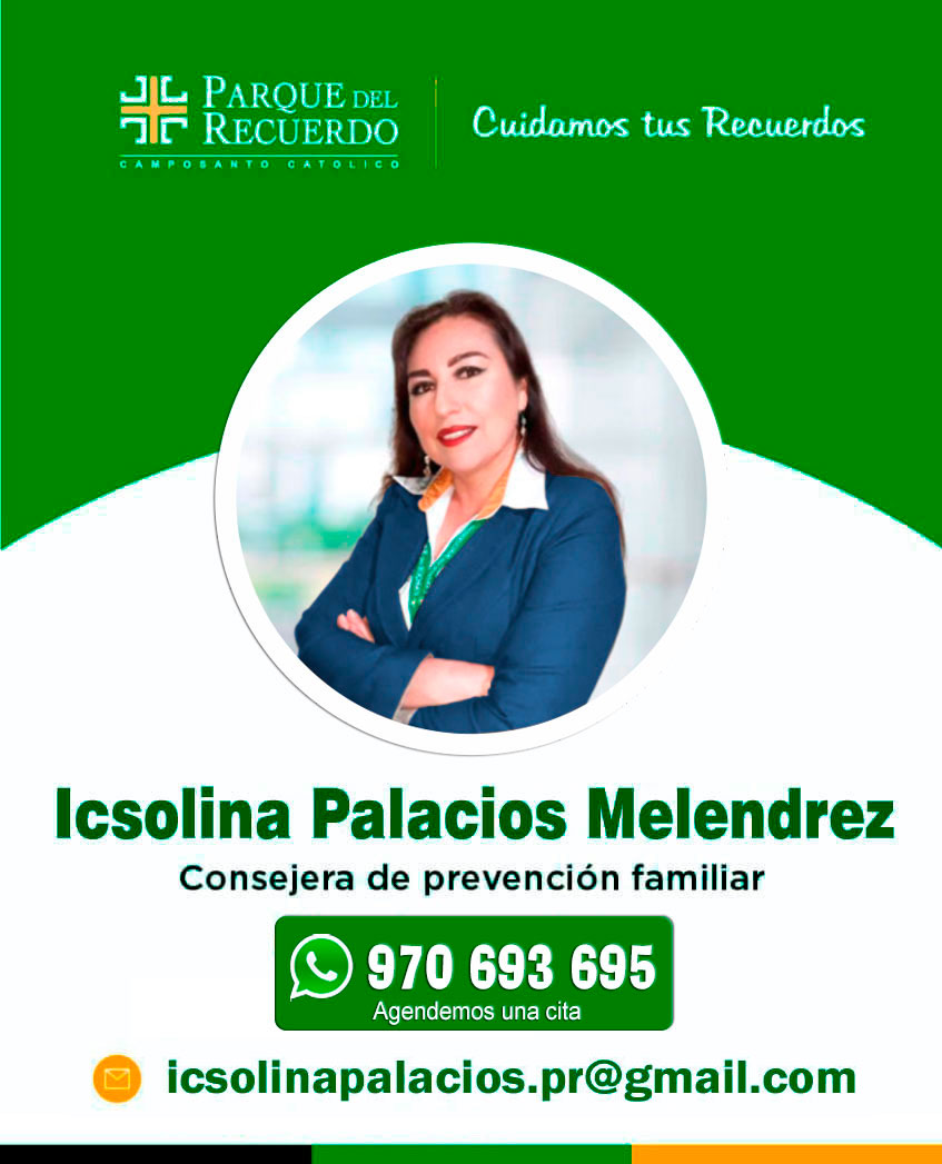 Tarjeta virtual Isolina Palacios M. Consejera de prevención familiar de Parque del Recuerdo - Lima Perú